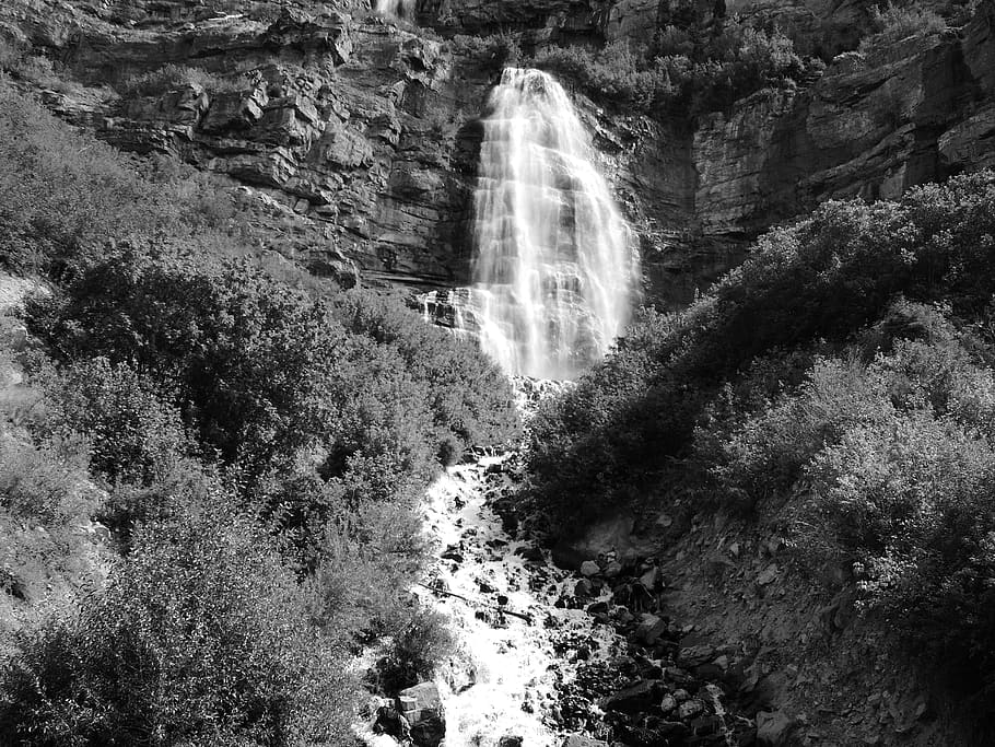 black, white, waterfall, motion, scenics - nature, rock, beauty in nature HD wallpaper