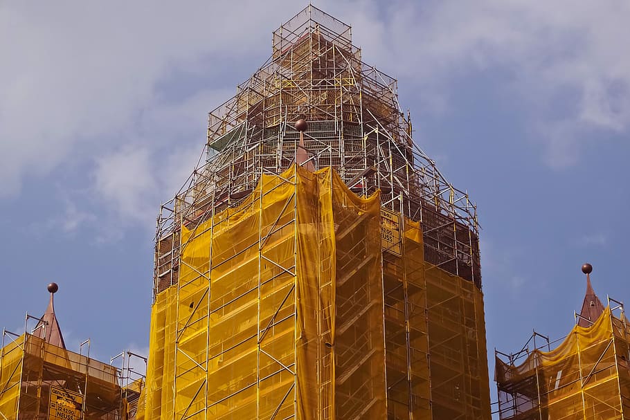 yellow and grey architectural structure under blue sky, scaffold HD wallpaper