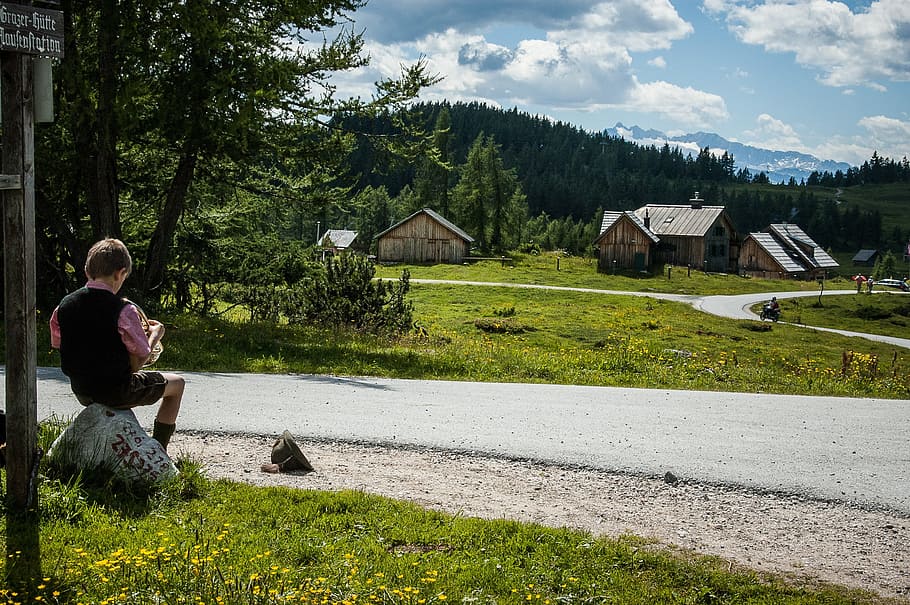 Boy, Child, Sit, Rest, Alm, jack, alpine meadow, landscape HD wallpaper