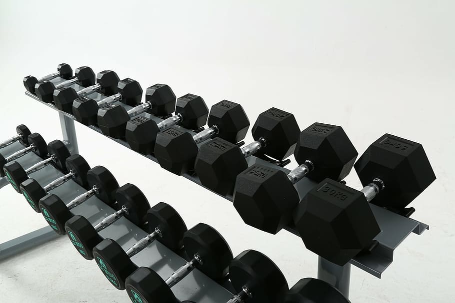 black dumbbells in gray steel rack, fitness equipment, a pair of, HD wallpaper
