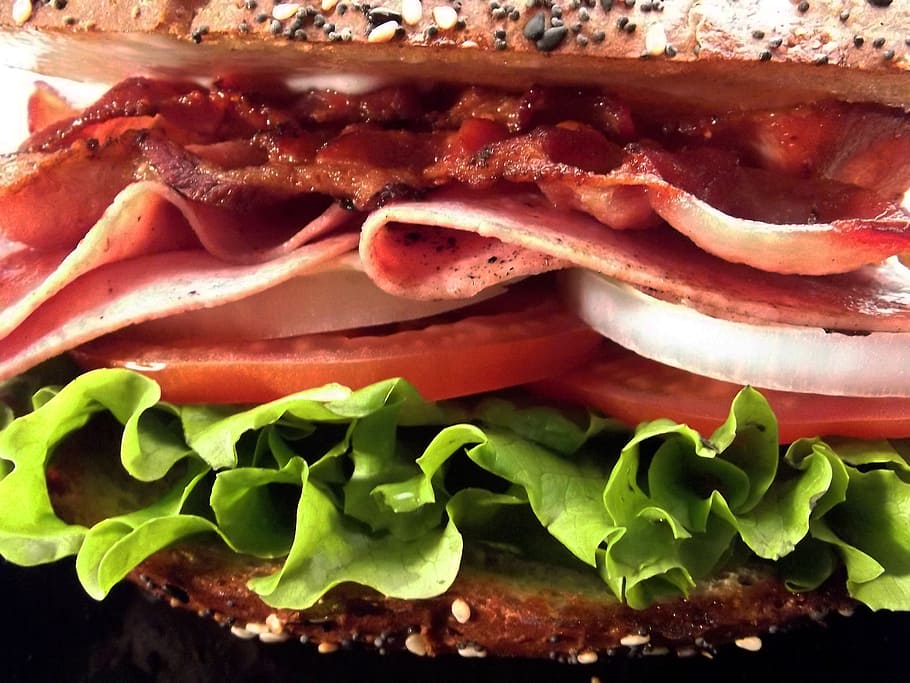 ham with tomato and spinach burger, sandwich, hamburger, fast food HD wallpaper