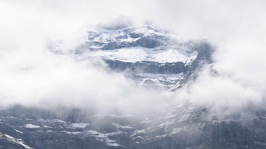 mountain, eiger, switzerland, rock, snow, fog, sky, clouds HD wallpaper