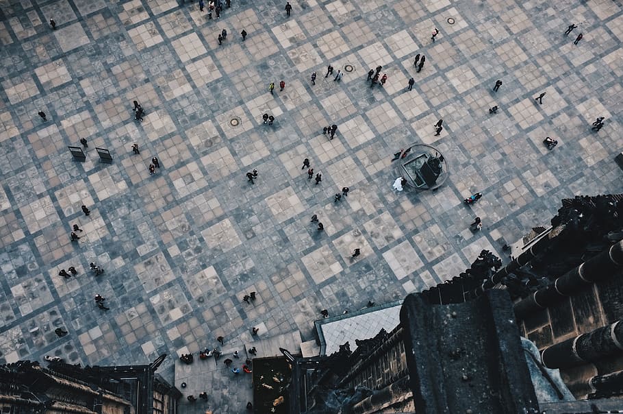 top view of ground during daytime, aerial photo of people walking on park at daytime HD wallpaper