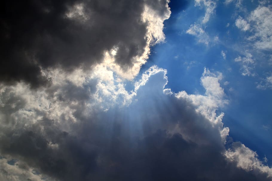 clouds, sky, miracle, blue, radiating, light, darkness, bright HD wallpaper