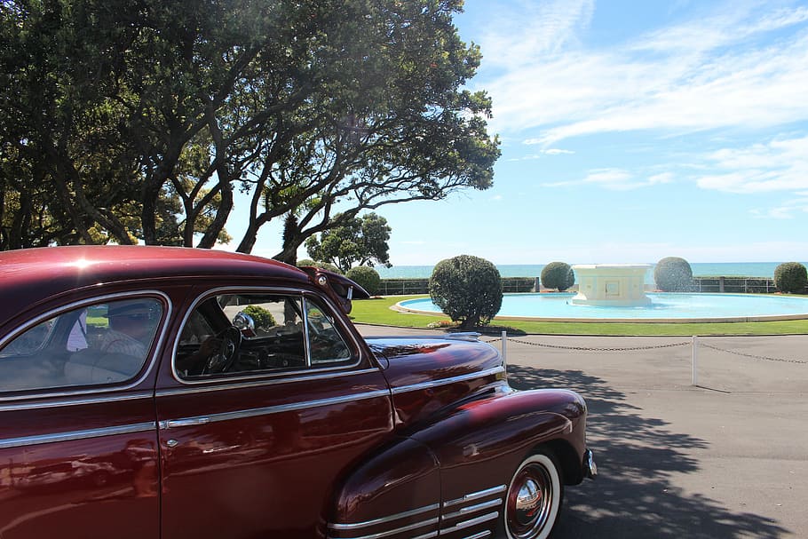 classic red vehicle near tree and water fountain at daytime, napier