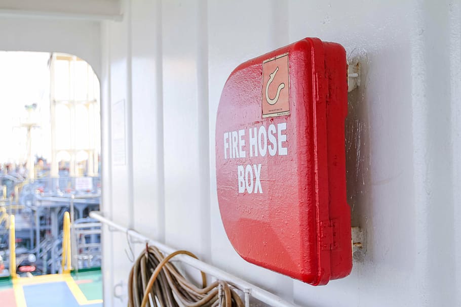 red Fire Hose Box on metal wall, ship, safety, inside, transportation HD wallpaper