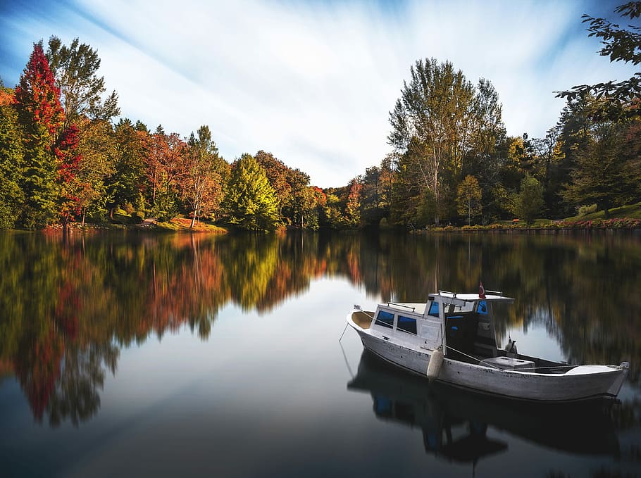 white and blue boat on body of water during daytime, lake, reflection HD wallpaper