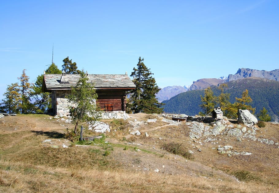 mountain hut, hiking, landscape, alpine, autumn, sky, nature, HD wallpaper