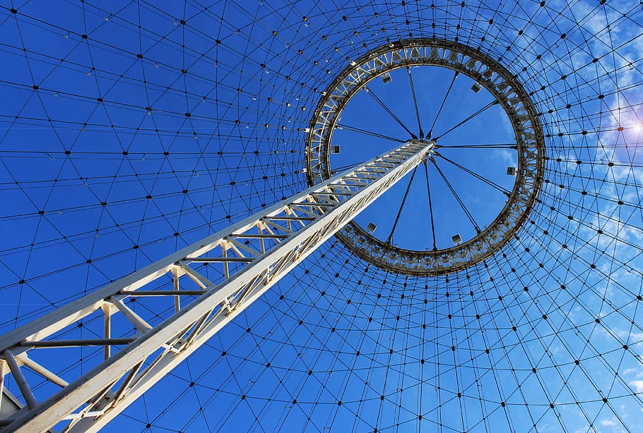 worm view of building, white, steel, pole, daytime, tower, architecture HD wallpaper