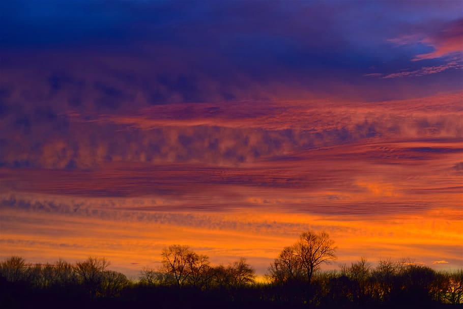 sunrise, sky, silhouette, trees, clouds, dawn, mountain, nature HD wallpaper