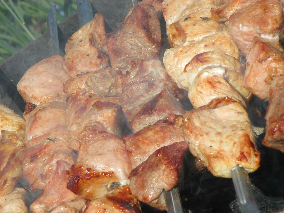 shish kebab, food, meat, mangal, fried meat, frying, skewers, HD wallpaper