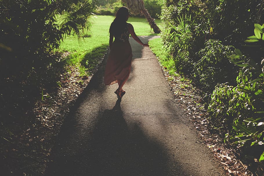 grass, nature, path, person, plants, walking, woman, one person HD wallpaper
