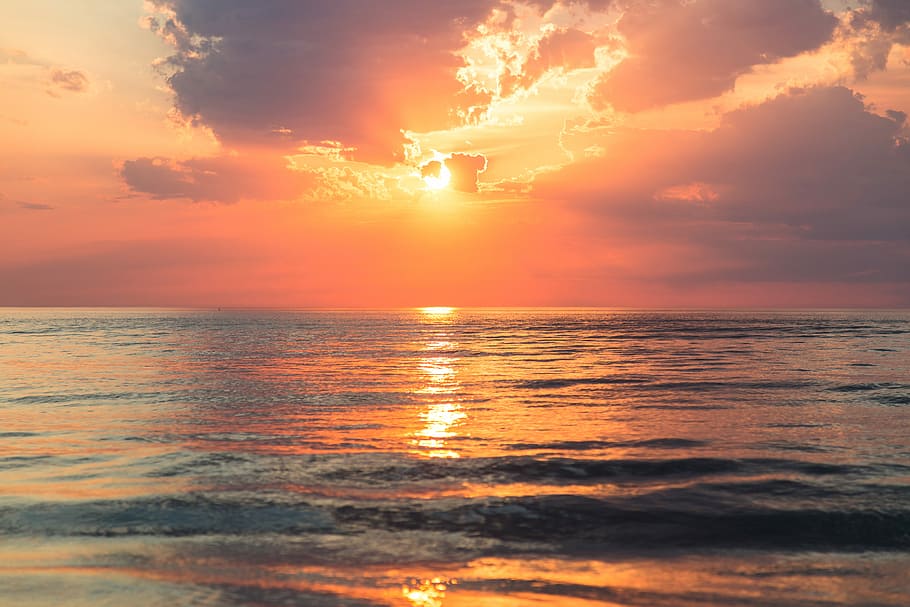 Hd Wallpaper Sea Under White Clouds At Golden Hour Sunset Over Calm