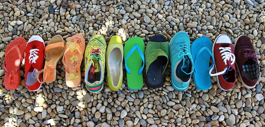 unpaired shoes, sandals, and flip-flops, footwear, pebble, rainbow