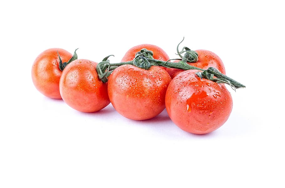 five red cherry tomatoes, ripe, fresh, white, wet, water, diet HD wallpaper