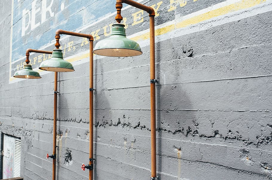 three pipe floor lamps, lanterns, outdoors, light, wall, facade HD wallpaper