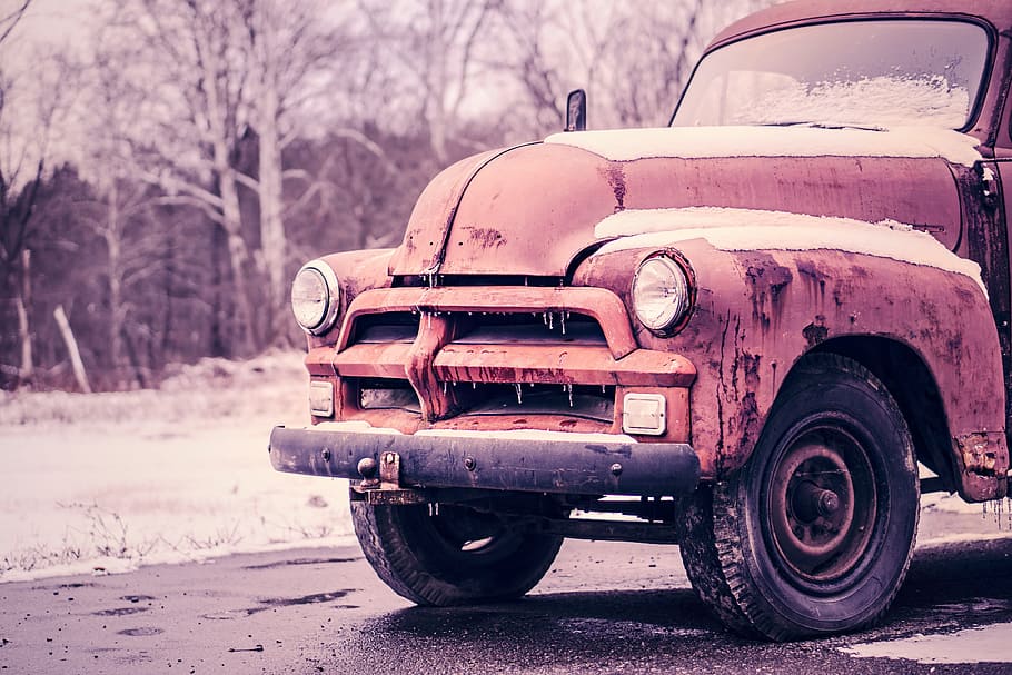 orange car parked on street near snow tree, truck, vintage HD wallpaper