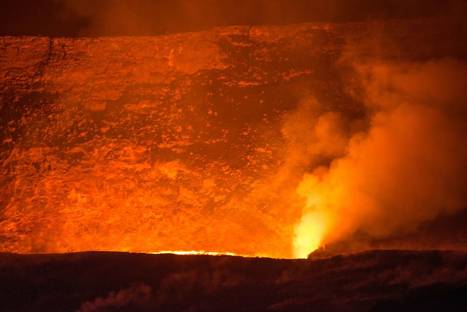 burning ground during night time, volcano, lava, flowing, eruption