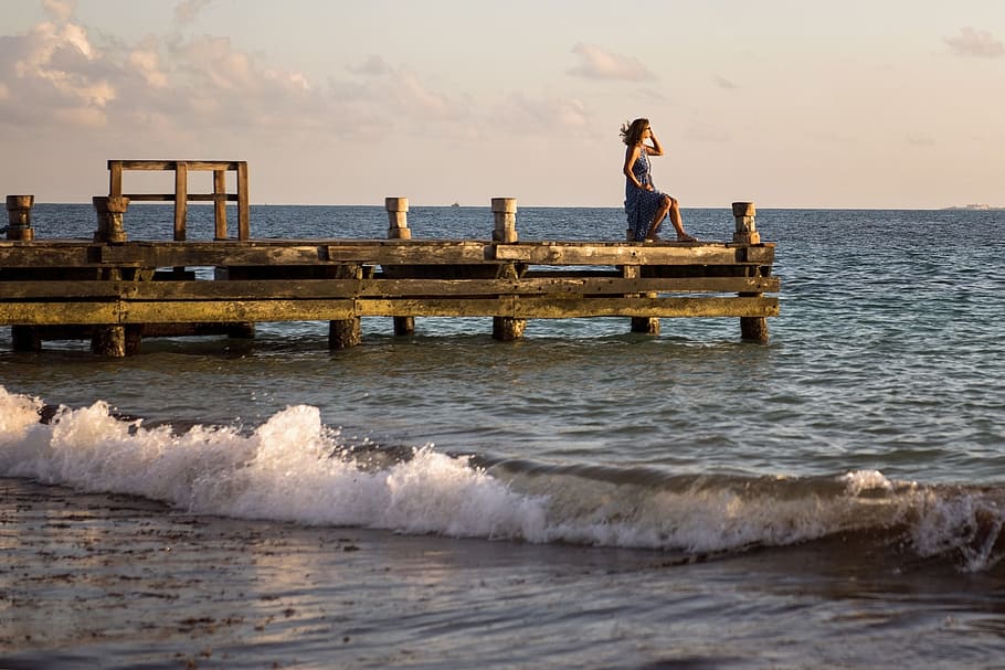 ocean waves, dock, beach, tropical, seascape, shore, surf, water HD wallpaper