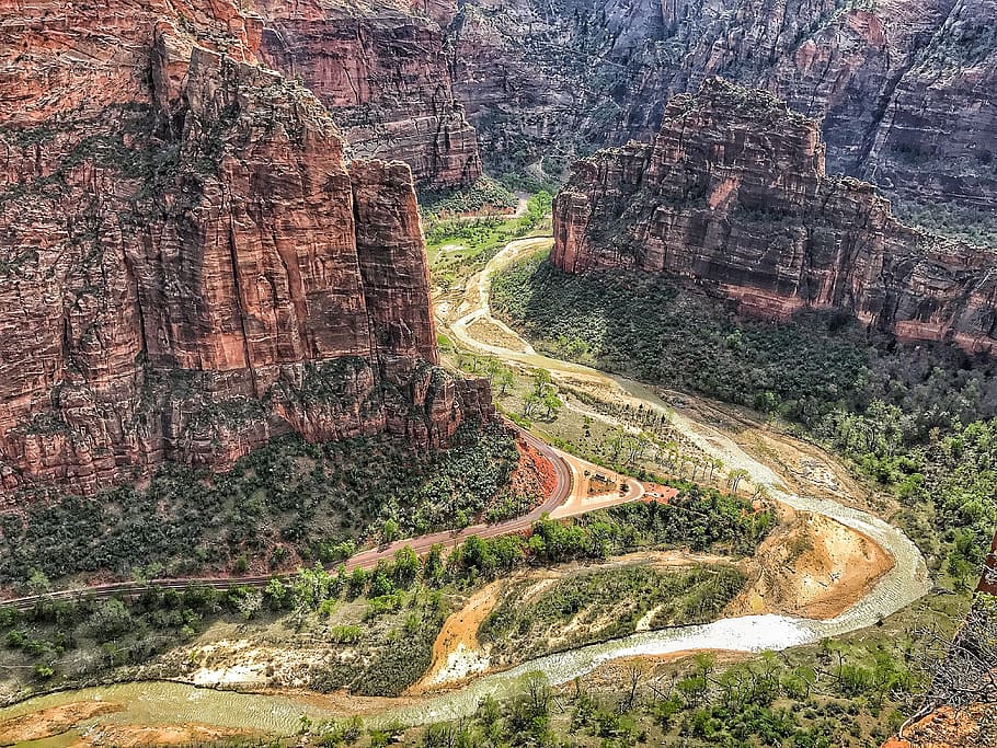 road, landscape, nature, water, canyon, cliffs, daylight, erosion HD wallpaper