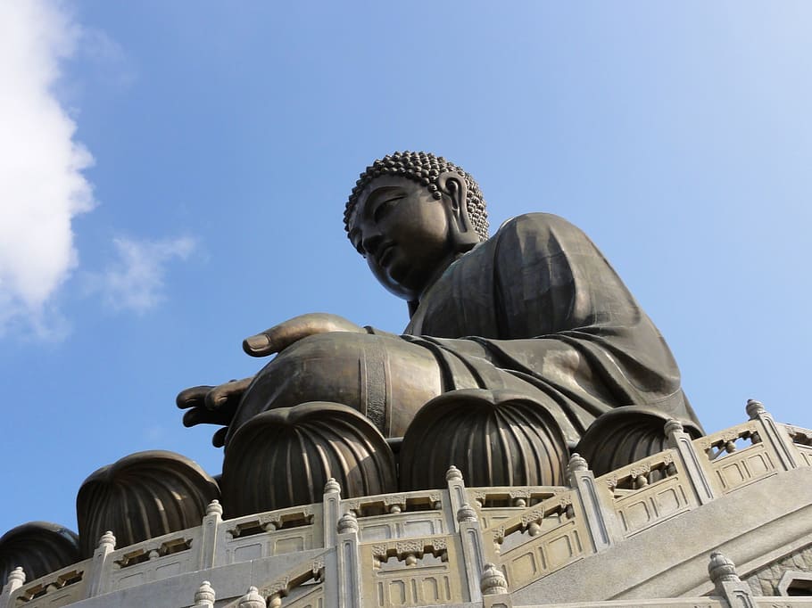 lantau island, buddha, sky, blue, sculpture, low angle view, HD wallpaper
