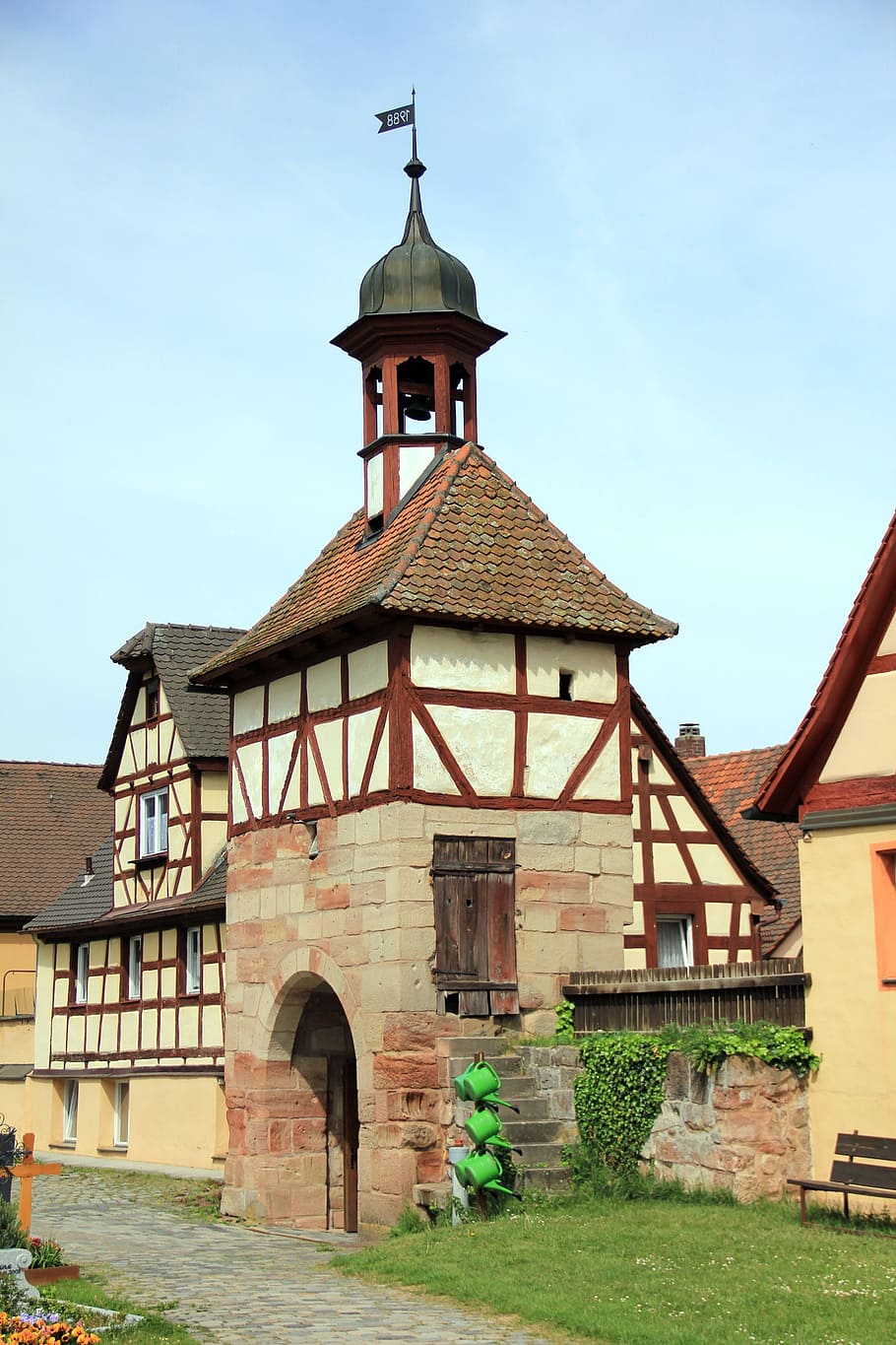 building, chapel, tower, cemetery, truss, watering can, rosstal HD wallpaper