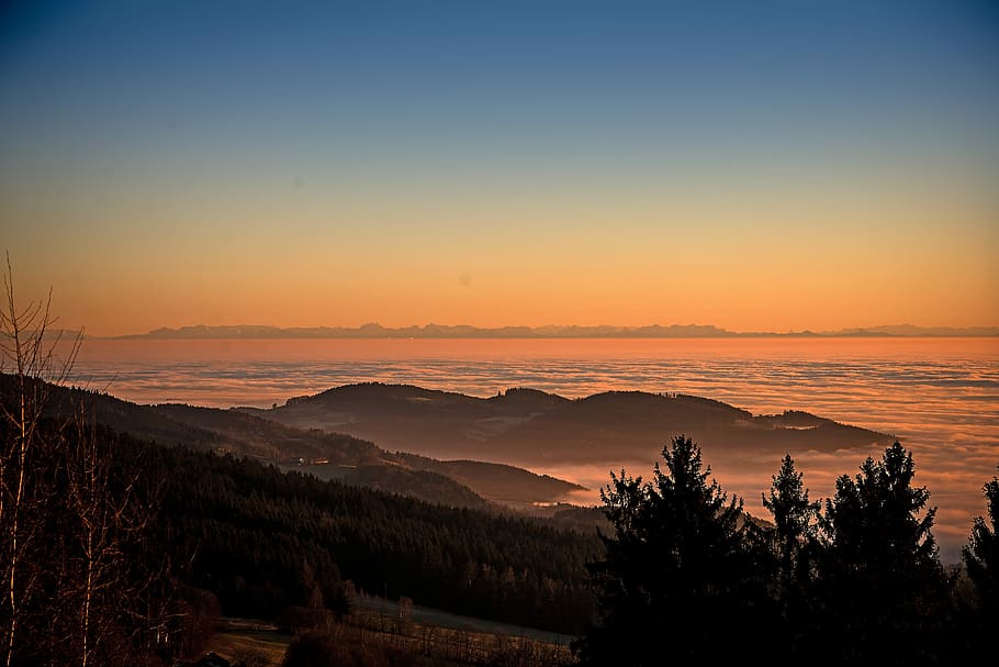 Sunset, Mountains, Fog, nature, scenics, landscape, dusk, sky HD wallpaper