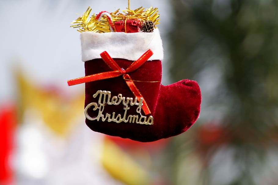 selective focus photography of red and white Christmas stocking, HD wallpaper