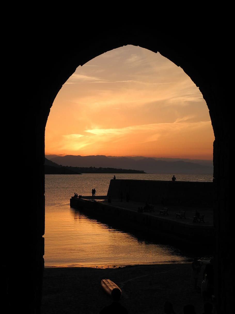sunset, evening sky, afterglow, sicily, sea, water, port, cefalù HD wallpaper