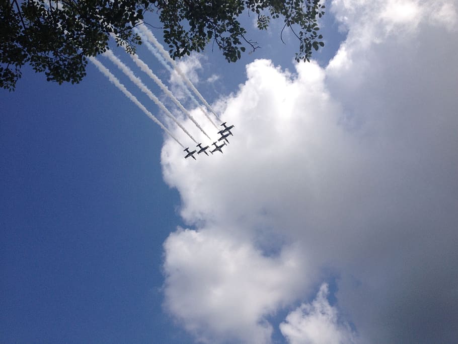 planes, sky, smoke, air vehicle, low angle view, mode of transportation HD wallpaper