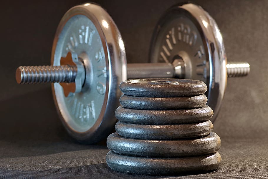 gray dumbbell and weighing plates closeup photo, sport, gym, fitness
