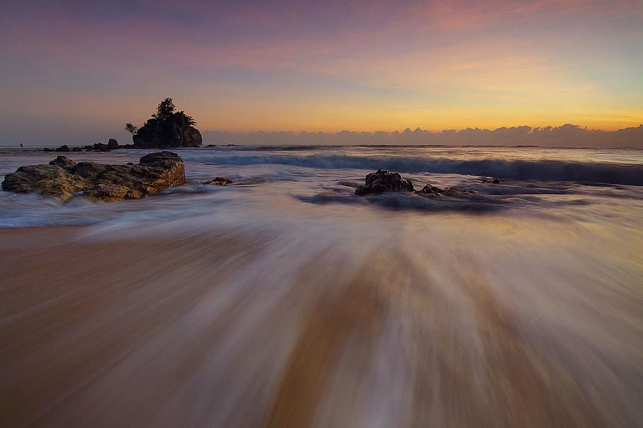 timelapse photograph of low tide sea during golden hour, motion HD wallpaper