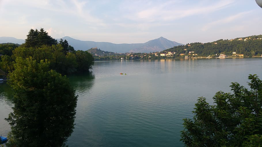 avigliana, more, twilight, water, tree, plant, mountain, sky HD wallpaper