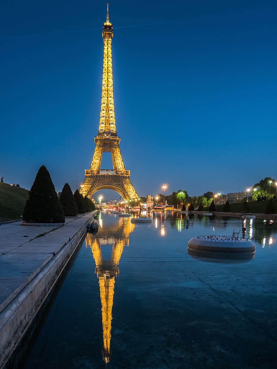 Eiffel Tower, Paris, Water, Night, reflection, pond, light, lighting