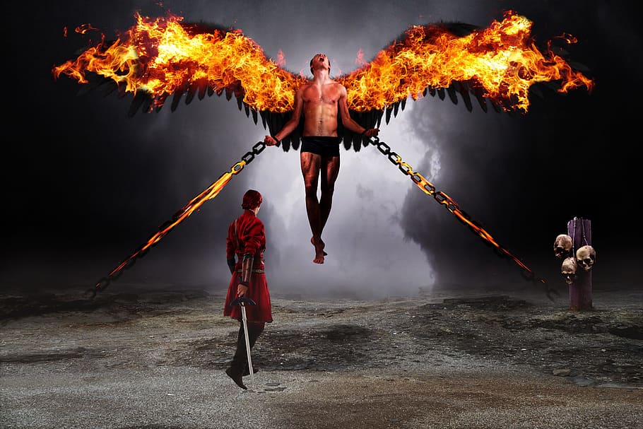 burning demon and person holding sword 3D wallpaper, warrior, HD wallpaper