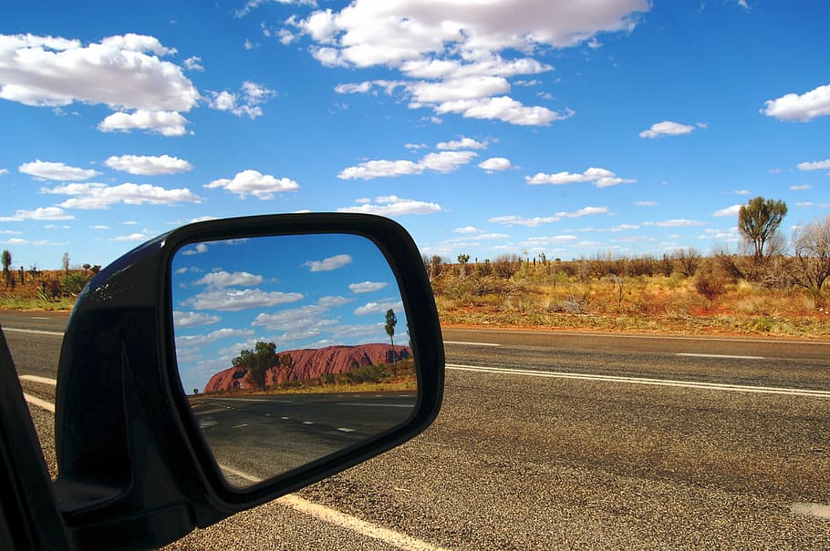 side mirror with view of concrete road at daytime, ayers rock HD wallpaper