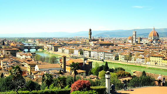 aerial view of city, river arno, italy, reflection, mediterranean HD wallpaper