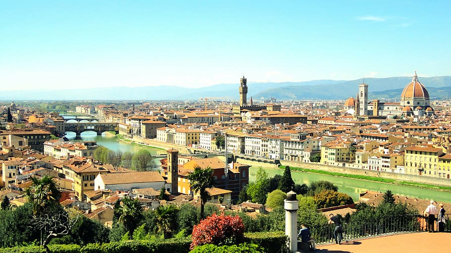 aerial view of city, river arno, italy, reflection, mediterranean HD wallpaper