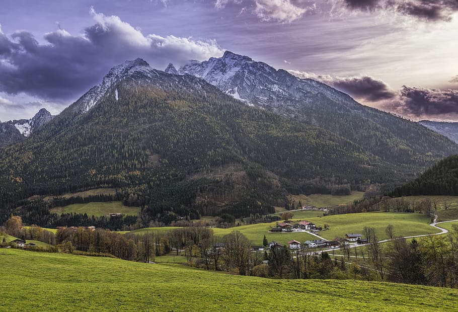 mountain covered by clouds, watzmann, sunset, beautiful, forest HD wallpaper