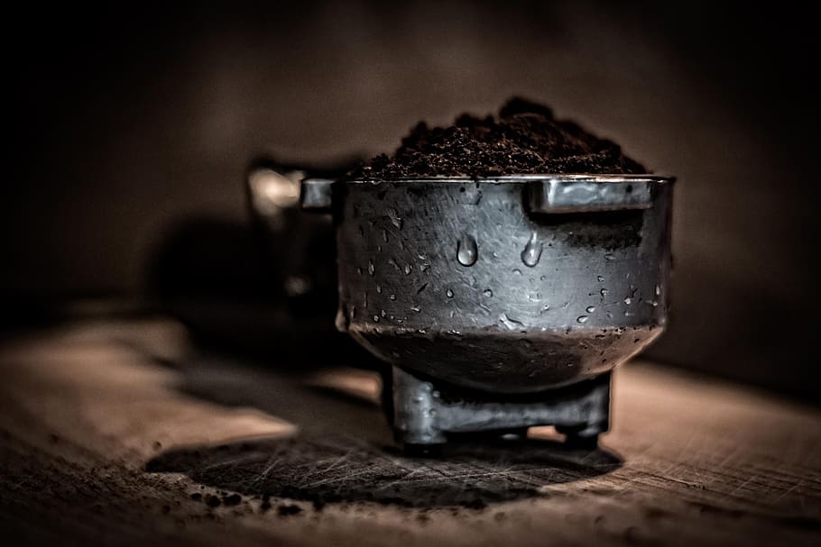 gray metal part filled with brown powder, coffee, coffee maker HD wallpaper