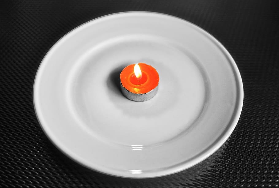 tea light, flame, hot, plate, white plate, porcelain, porcelain plate HD wallpaper
