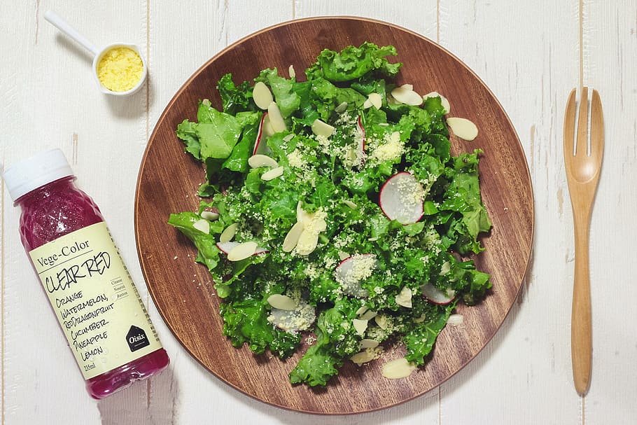 green leafy vegetable salad on round brown plate, food, freshness HD wallpaper