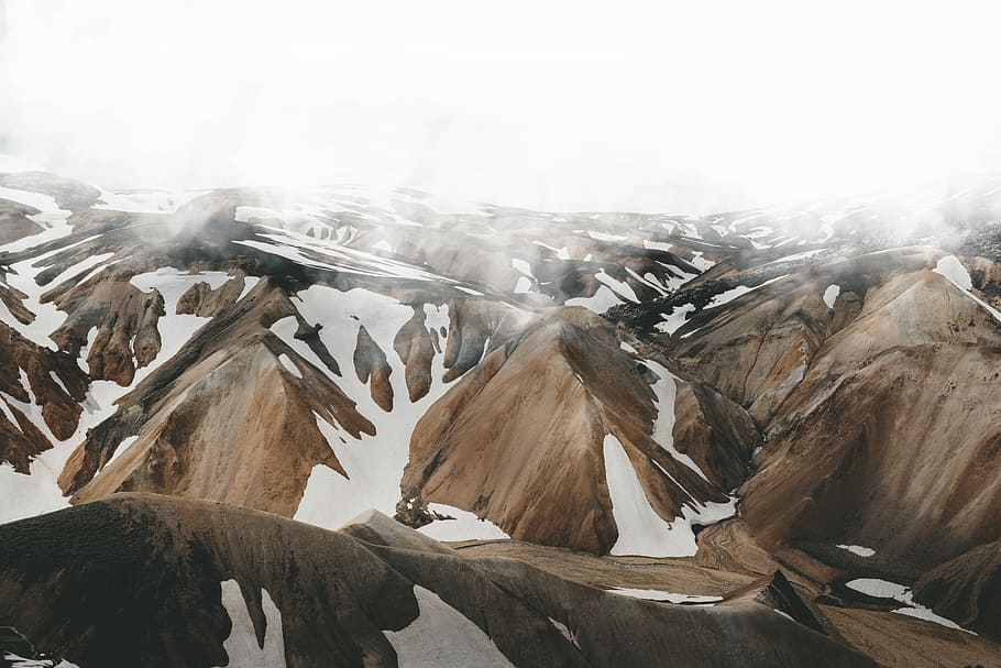 snow covered mountains, aerial photography of foggy snow-covered brown mountains HD wallpaper