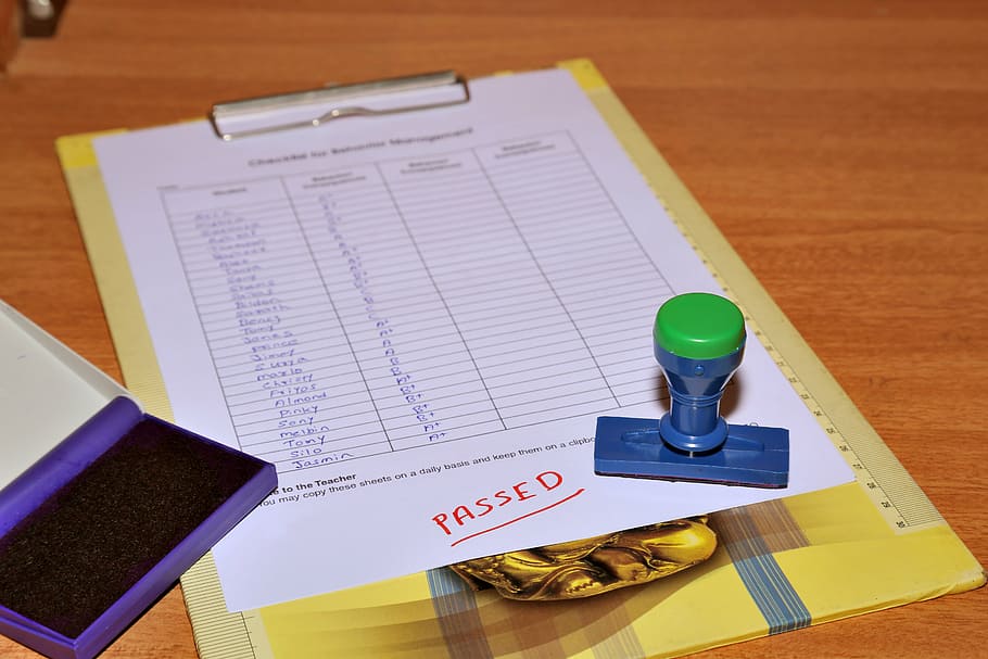white printer paper near blue rubber stamp, evaluation, exam HD wallpaper