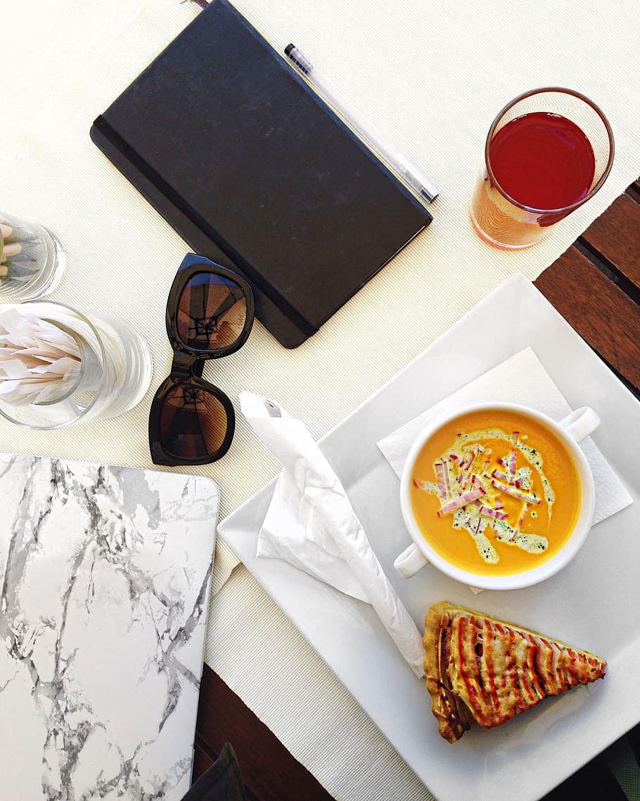 Notebook, Lunch, Work, Glasses, food and drink, high angle view HD wallpaper
