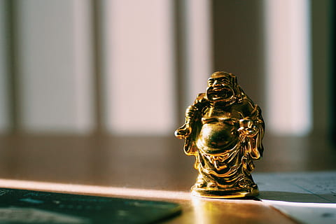 laughing buddha figurine, statue, gold, smile, big belly, desk HD wallpaper