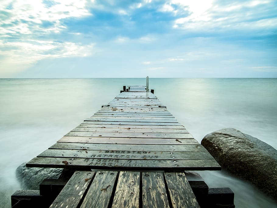 brown wooden dock under white clouds during daytime, sea, web, HD wallpaper