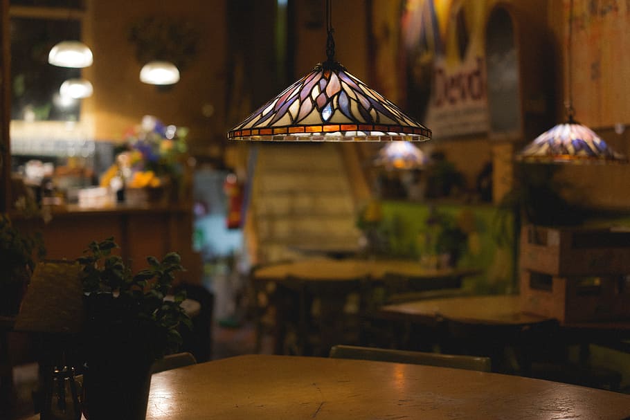 table, chairs, light, lamp, flower, plant, bar, illuminated HD wallpaper