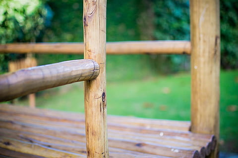 wood, bench, garden, grass, bamboo, board, daylight, fence, outdoors HD wallpaper