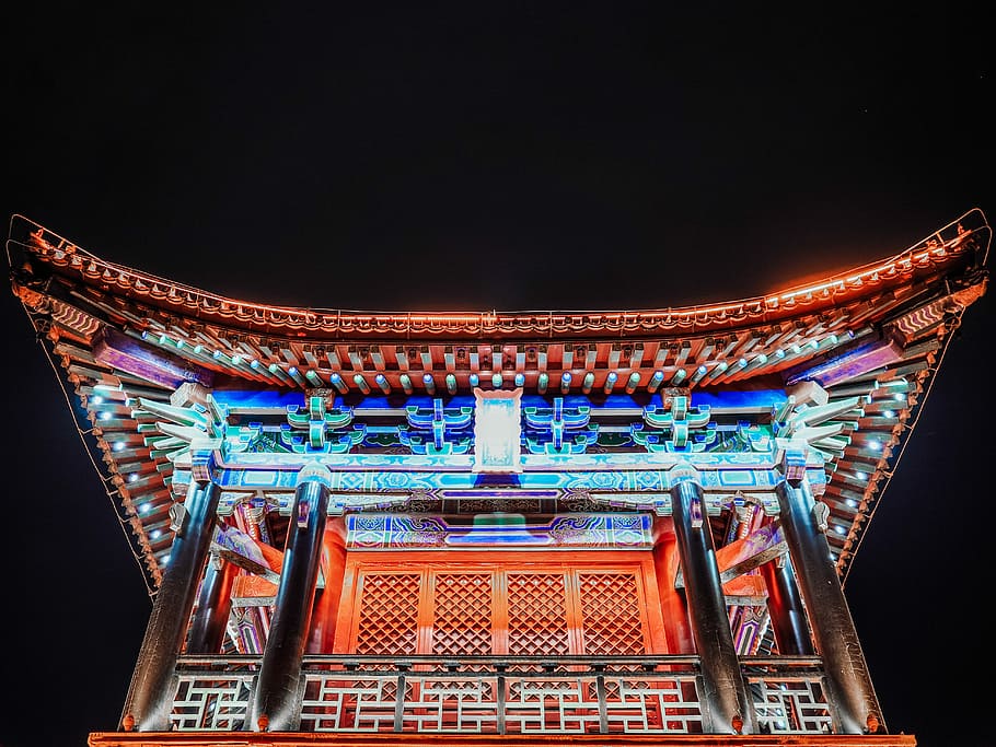 lighted orange and blue pagoda temple at night, photo of lighted temple HD wallpaper